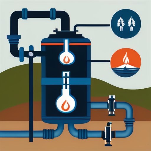 Иллюстрация газового водонагревателя с компонентами и инструментами для обслуживания.