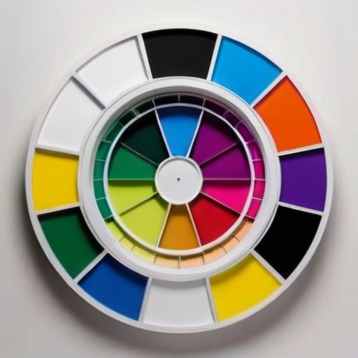 Цветовой круг с RGB и CMYK, в центре белый круг, окруженный красками и экранами.