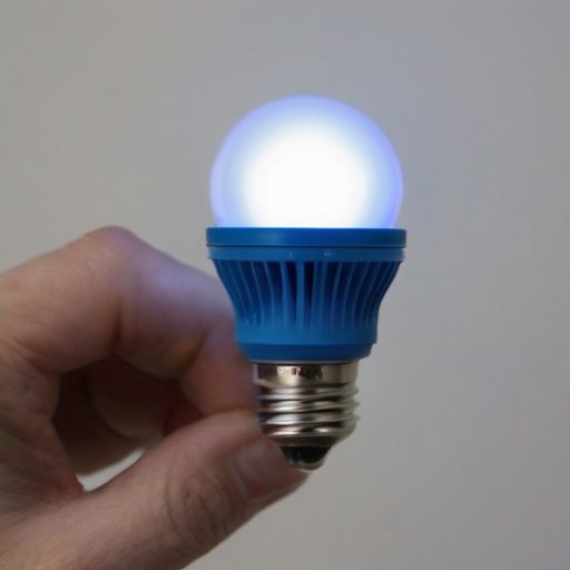 Слабо освещенная LED-лампочка в темной комнате с электрическими компонентами.