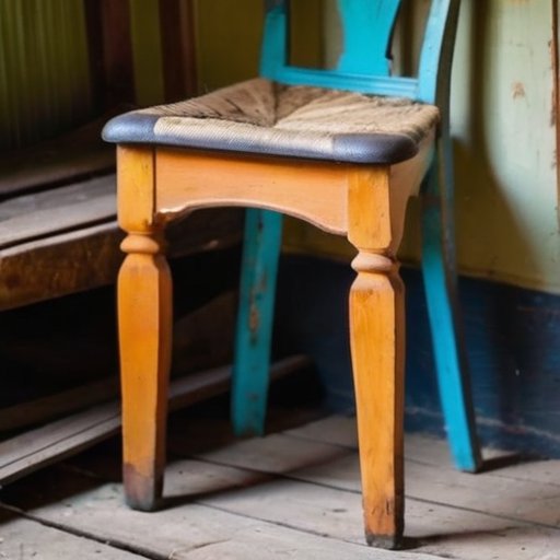 Старая деревянная chair с потертостями и мягкой цветовой палитрой, окруженная инструментами для старения мебели в мастерской.