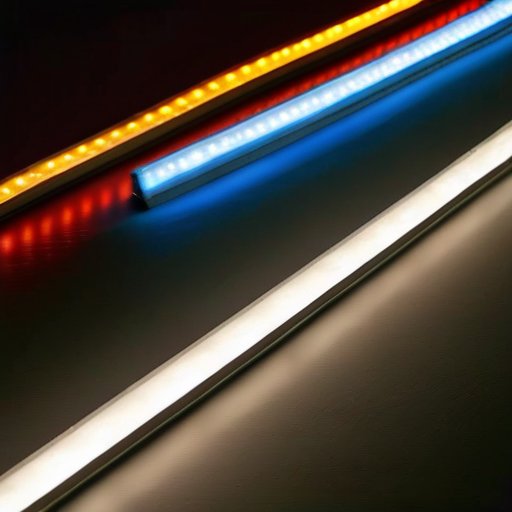 Разнообразные светодиодные ленты в различных цветах и конфигурациях на гладких и текстурированных поверхностях с инструментами для установки на минималистичном фоне.