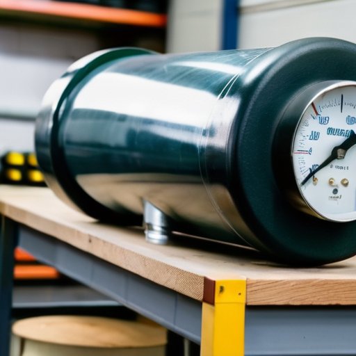50-литровый газовый баллон в светлом мастерской с измерительными инструментами и блокнотом с расчетами.