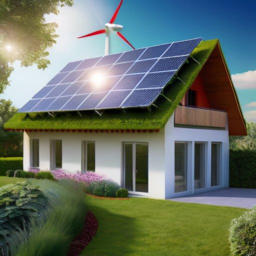 Солнечные панели, ветряная турбина и биогазовая установка в экологичном ландшафте.