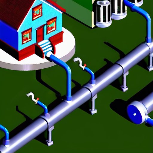 Иллюстрация газопроводной системы в жилом доме с компонентами и индикаторами безопасности.