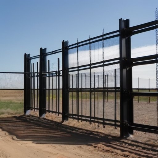 Процесс установки металлического забора: аккуратно размеченный участок, металлические профили, инструменты и частично собранный каркас забора на фоне ясного неба.
