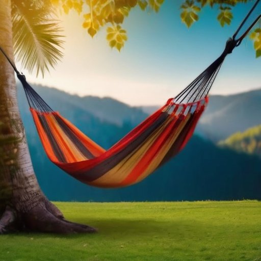 Гармоничное outdoor пространство с гамаком между деревьями, мягкий свет, инструменты для установки.