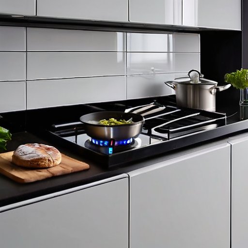 Современная кухня с газовой плитой, электрической духовкой и аккуратно расставленными принадлежностями. Чистая столешница с кастрюлей и противнем, уютная атмосфера, акцент на безопасность и эффективность приготовления