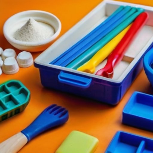 Организованное рабочее место для создания гипсовых фигурок с инструментами и готовыми изделиями.